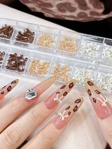 A Box Of 12-Compartment Bow Nail Art Accessories, Autumn And Winter Maillard 3D Bow Mixed Resin Nail Art Accessories, Mini Bow Nail Art Decorations, Brown/Beige/White 3D Resin Bow Nail Art Accessories, Self-Adhesive Nail Art Decoration Accessories Suitable For Nail Art - Multicolor - View 1