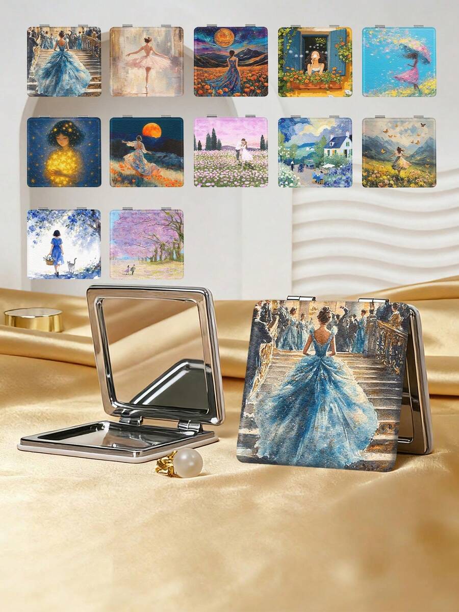 1件装艺术油画风格人像系列折叠式化妆镜，轻巧超薄，便携手持镜，耐用PU皮革材质，适用于多种场景，折叠式方形小镜，方便携带，口袋镜，芭蕾舞者、花田、房屋、猫、女孩、情侣肖像等独特设计，印刷精准细腻，折叠结构，经久耐用，防摔，方便手持，180°翻盖，多功能 - 彩色 - 查看 1