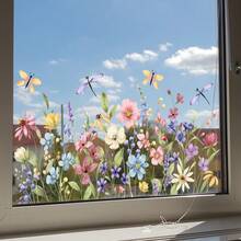 1 pieza Pegatina decorativa con acuarela de flores y libélula, autoadhesiva para puertas, ventanas, decoración de paredes de sala de estar y dormitorio - Multicolor - Ver 1