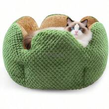 Cama de Gato pétalo Cama de Perro Perrera cálida casa de Gatitos en Invierno Cesta Redonda de Peluche Suave Almohadilla de Cachorro Cena de Mascotas (Verde, 40cm) - Verde - Ver 2