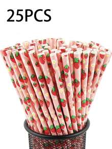 100/50/25pcs Strawberry Patterned Paper Straws, Disposable Drinking Straws, Suitable For Girls' Birthday Party, Baby Shower, Summer Berry Theme, 1st Birthday Party Supplies - Multicolor - View 12