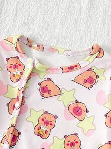2 pcs Set Piyama Bayi Perempuan Lucu & Simpel, Romper Kancing Depan Motif Hewan Capybara, Bahan Lembut Cocok untuk Musim Semi, Gugur, dan Dingin - MultiWarna - View 4