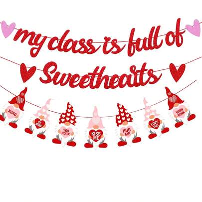 Valentine's Day Classroom Banner - "My Class Is Full Of Sweethearts" Glitter Gnome Garland Decor With Heart Accents, Valentine Party Decorations For Elementary School Classroom, Home Wall Hanging Supplies
