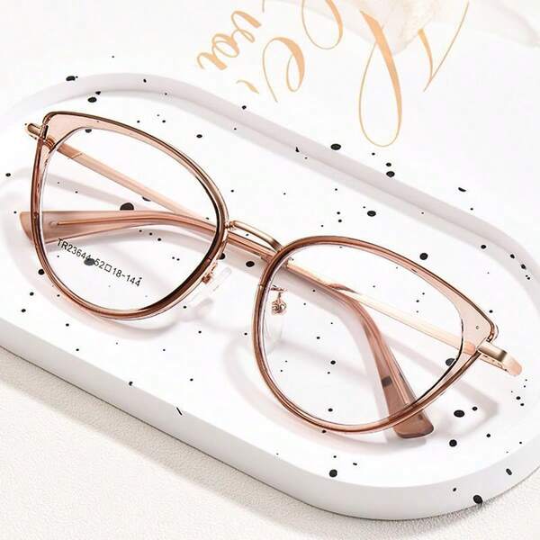 1pc Rose Gold Metal Frame Cat Eye Glasses, Brown Transparent Lens, Fashionable Daily Wear For Women