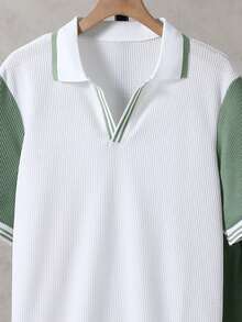 青少年夏季短袖Polo衫和网眼短裤两件套，撞色华夫格纹理，透气休闲运动风套装