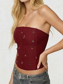 Women Tube Tops Sleeveless Strapless Rhinestone Decor Slim Fit Summer Crop Vest - Burdeos - Ver 3