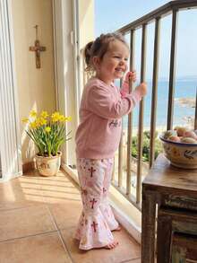 Conjunto de 2 piezas de sudadera de manga larga con cuello redondo bordado y pantalones acampanados estampados para niña pequeña de Pascua - Rosa - Ver 5