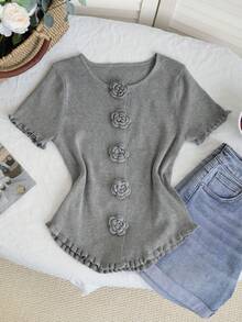 New 3D Floral Round Neck Short Sleeve Knit T-Shirt For Women, Asymmetrical Frill Trim Cropped Top, Spring/Summer - Gray - View 6