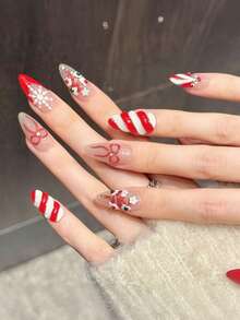 10PCS Christmas Fake Nails With Snowflake Bowknot Design For Decorative False Nails Nail Supplies - Multicolor - View 3