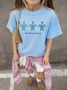 1 件女孩休闲海龟图案印花圆领短袖 T 恤，夏季学生年轻儿童时尚 - 富有想象力和自我表达的海龟艺术品设计