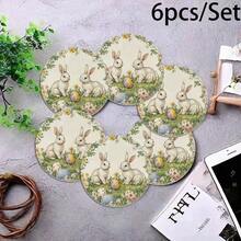 6pcs/Set Vintage Easter Rabbit & Egg Design Round Wooden Coasters/Placemats, Kitchen, Dining, Home Decor Accessories, Best Gift For Friends And Family On Easter, Back To School, Spring, Valentine's Day, Wedding Party - Multicolor Upgrade - View 8