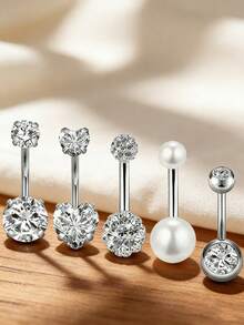 4pcs Stainless Steel Rhinestone Navel Rings, Simple Belly Button Piercing Body Jewelry For Women - Silver - View 7