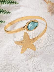 1件时尚不对称珍珠海星开口手镯，独特海滩度假风格设计，海星方向可能有所不同 - 金色 - 查看 15