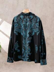 女士复古波西米亚风印花长袖衬衫，休闲时尚波西米亚风优雅春夏女士衬衫，黑色休闲女装 - 黑色 - 查看 7
