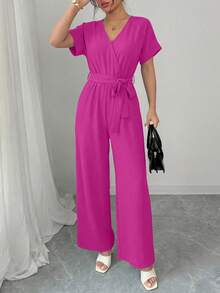 Women's Jumpsuit Casual Short Sleeve Wrap V Neck Belted Wide Leg Pants - Màu Hồng Tươi - Xem 4
