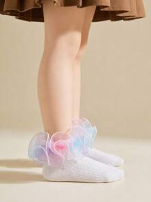 1 Pair Cotton Gradient Color Big Ruffle Dance Socks For Girls, Elegant Princess Style Short Socks For Party Outfit - Multicolor - View 7