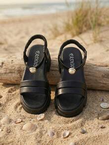 1 Pair Girls' Summer High Heel Sandals, Solid Black Simple Versatile, Double Strap Pearl Slip-On Sandals, Suitable For Beach And Daily Wear - Black - View 1