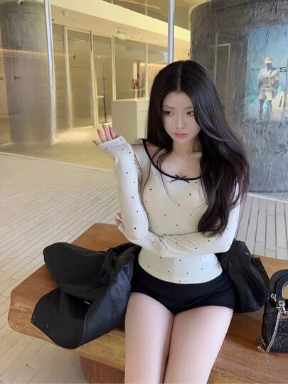 Women's Bowknot Polka Dot Waist Fitted Long Sleeve Base Layer Top