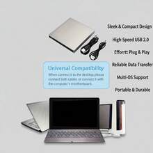 适用于笔记本电脑的USB外置CD/DVD光驱，即插即用超薄光驱，防震静音运行，DVD/CD读取器，兼容Windows系统，无需电池，无刻录功能，无法读取空白DVD光盘。