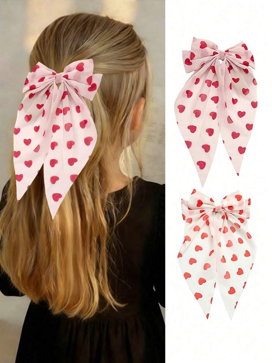 2个儿童心形蝴蝶结发夹，甜美风格发饰，情人节礼物 - 彩色 - 查看 1