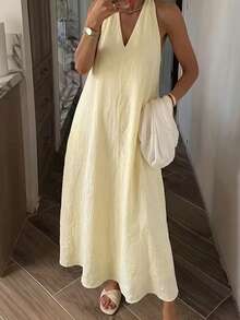 2026新款时尚休闲优雅法式V领无袖露肩宽松A字长裙，黄色，适合女性日常、约会、通勤、夏季、海滩、情人节、音乐会、街头风、优雅场合、休闲、春夏穿着。 - 黃色 - 查看 5