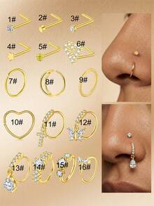 CIZME 1 pieza Anillo de nariz con forma de L chapado en oro de 18K, 20G, joyería de piercing de nariz con pendiente de circonita cúbica para fiesta de Ramadán - Dorado - Ver 2