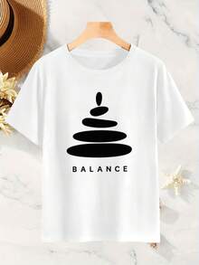 Women's Yoga Balance Stone And Letter Pattern T-Shirt - Casual Short Sleeve Top, Loose Fit Suitable For Yoga, Vacation, And Daily Wear, Machine Washable, Four Seasons Comfortable, Round Neck Design Durable Casual Wear, Machine Washable, Non-Transparent Fabric - White - View 3