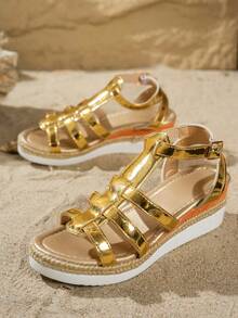 Women's Fashion 2026 Bohemian Style Wedge Thick Bottom Round Toe Adjustable Metal Buckle 5.5CM Rope Bottom Gold Casual Sandals, Women's Retro Adjustable Metal Buckle Gold Roman Shoes, Suitable For Beach, Vacation, Wedding, Daily Wear - Gold - View 7