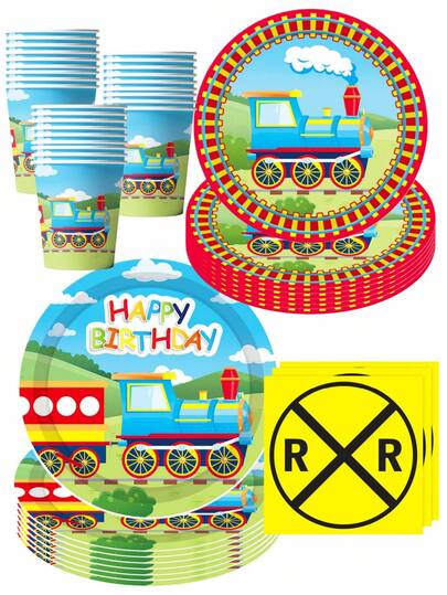 50Pcs Train Themed Happy Birthday Party Supplies Set - Colorful Steam Train & Railroad Pattern Disposable Paper Plates Cups & Napkins | Festive Tableware For Kids' Train Birthday Parties, Vehicle-Themed Gatherings & Railroad Style Celebrations | 'Happy Birthday' & Railway Crossing Sign Decor For Children's Party Favors, Home Party Decoration & Special Occasion Essentials