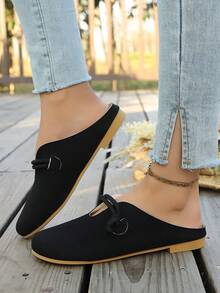 Women's Linen Rope Decor Slip-On Mules, Solid Color Casual Loafers Flat Round Toe Backless Shoes, Spring/Autumn - Black - View 3