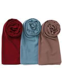 3件套女士纯色珍珠雪纺优雅滚边传统穆斯林头巾套装 - 彩色 - 查看 5