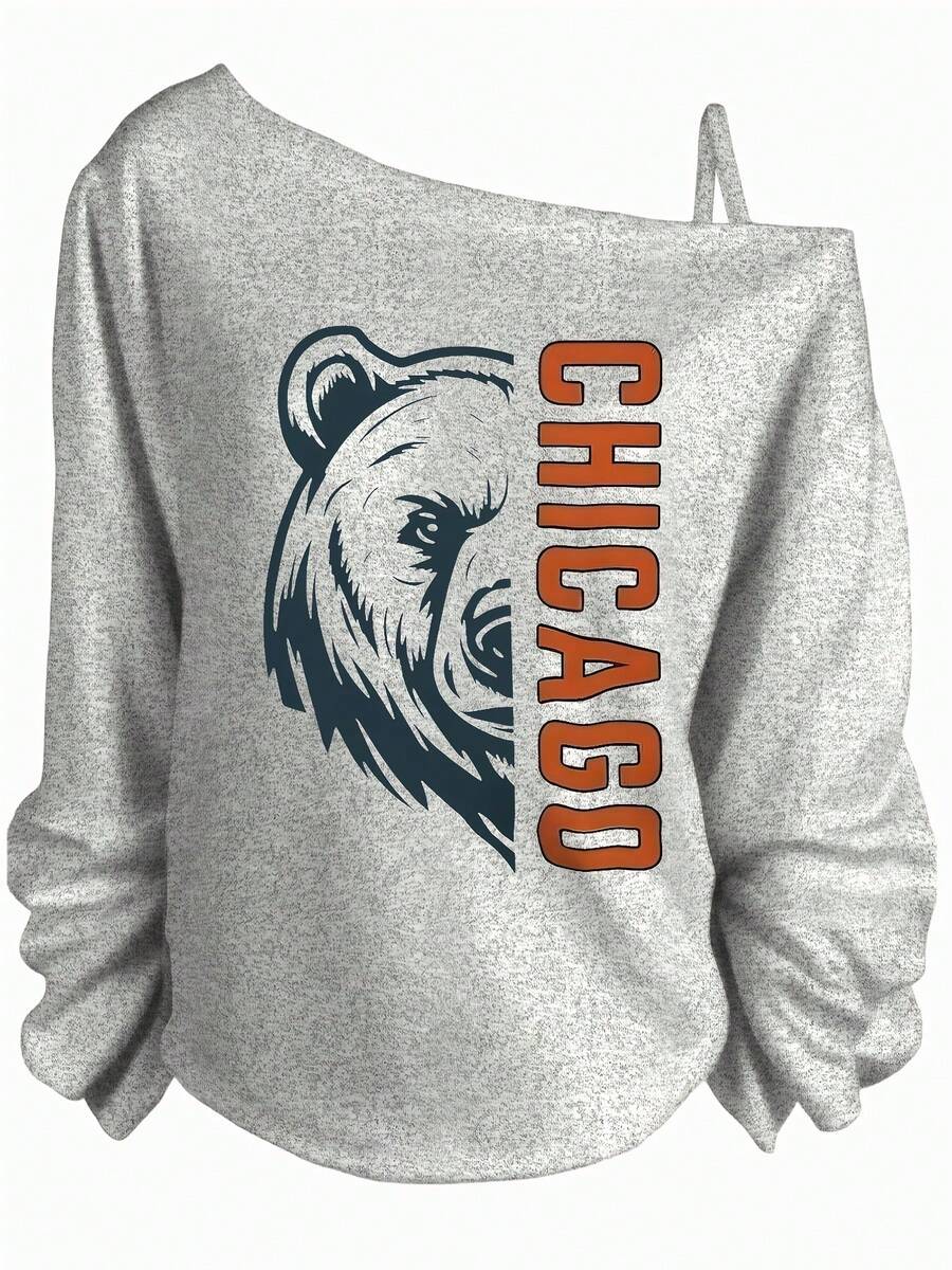 Summer Outfits For Women, Chicago Bear Graphic, Casual One Shoulder Long Sleeve Sweatshirt, Sporty Streetwear Style-Vacation Outfits Women, Theme Graphic Tees, Festival Wear, Fun Party - Xám - Xem 1