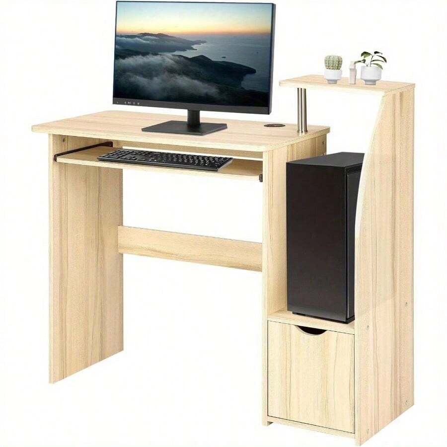 Computer Desk, Home Office Desk With Sliding Keyboard Tray And Storage Drawer, 98 Cm Gaming Desk, Study Writing Versatile Desk, 98x85x40cm - Oak - View 1