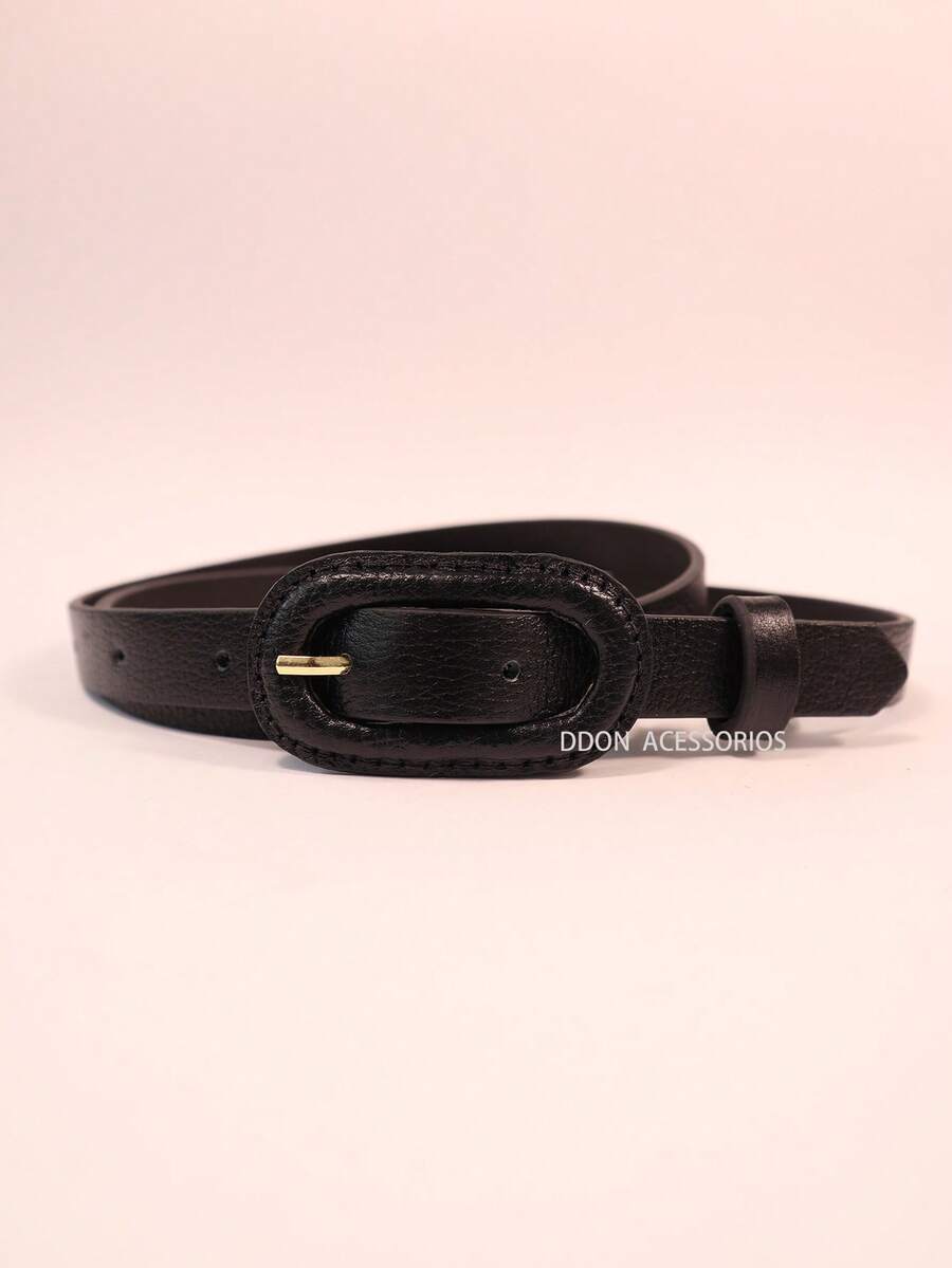Women's Belt In Genuine Leather, 1.5cm Wide, Thin With Oval Buckle - Black - View 1
