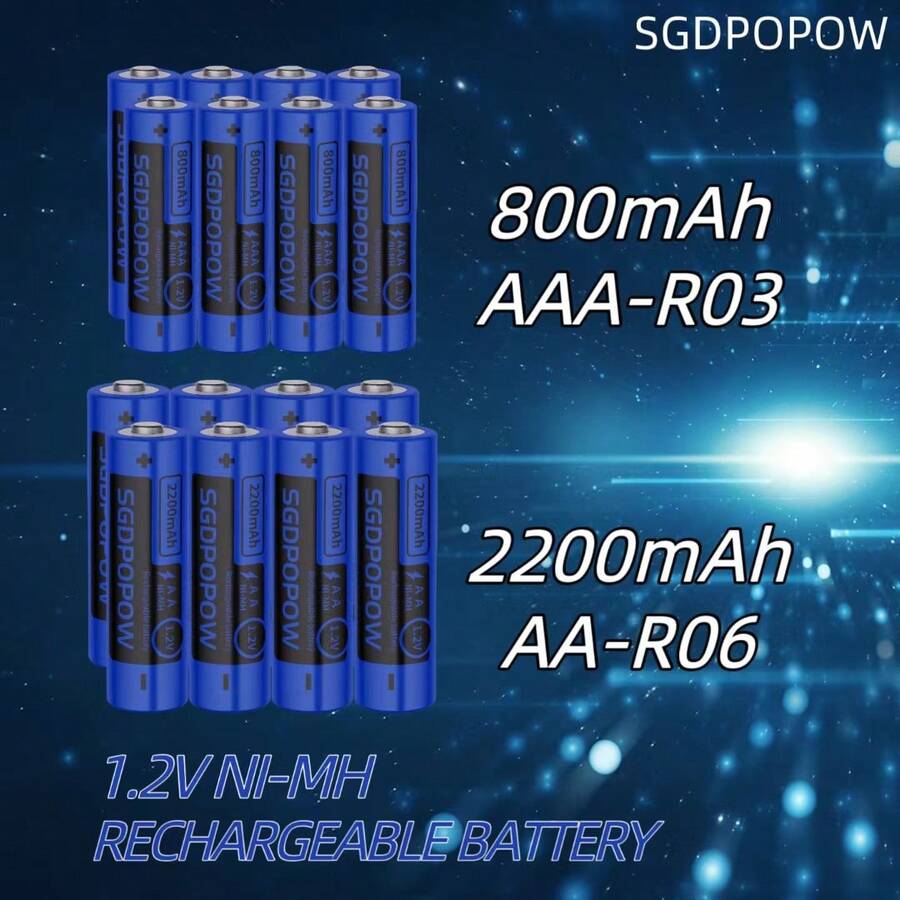 SGDPOPOW AA/AAA镍氢充电电池，采用全新设计材料，确保安全、稳定、耐用，并为各种电子设备提供持久的续航能力。