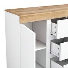 Mode Mit 3 Schubladen Und 2 Türen, Schließfach, Function Von Aufbewahrung, Für Schlafzimmer Und Wohnzimmer, E1-Spanplatte, White+Oak - White - View 9