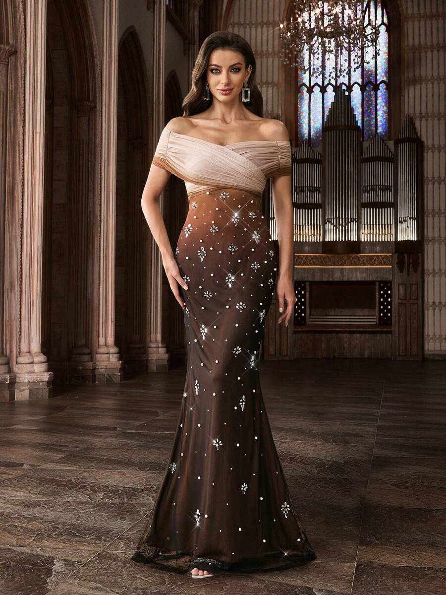 QOQ Luxurious Women Hot Drill Rhinestone Formal Dress Shine Diamond Evening Gown For Award Ceremony, Dinner, Birthday Party, Galas Dresses - Coffee Brown - View 1