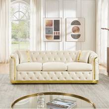 YOGLAD 1pc Luxury Italian Velvet Chesterfield Sofa Set 3+2 Seater, Split Living Room Sofa Couch With Gold Stainless Steel Trim, Button Tufted Curved Arm Velvet Sofa, Modern Light Luxury Upholstered Loveseater + 3-Seater Set With Throw Pillows For Home Living Room Apartment - 米色 - 查看 4