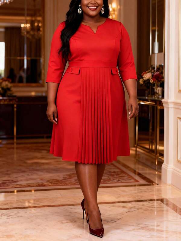 Plus Size Elegant A-Line Pleated Midi Dress, 3/4 Sleeve, Faux Pocket Design, Business/Work Attire, Suitable For Birthday, Wedding Guest, Graduation, Formal Dinner, Homecoming, Cocktail Party