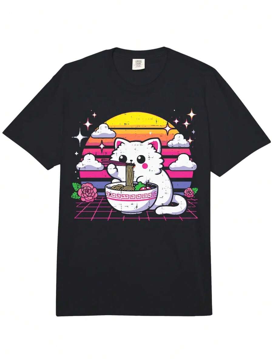 Japanese Cat Eating Ramen Vaporwave Ukiyo E Women Girls Kids Adult Heavyweight T Shirt - màu đen - Xem 1