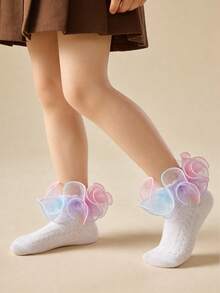 1 Pair Cotton Gradient Color Big Ruffle Dance Socks For Girls, Elegant Princess Style Short Socks For Party Outfit - Multicolor - View 4