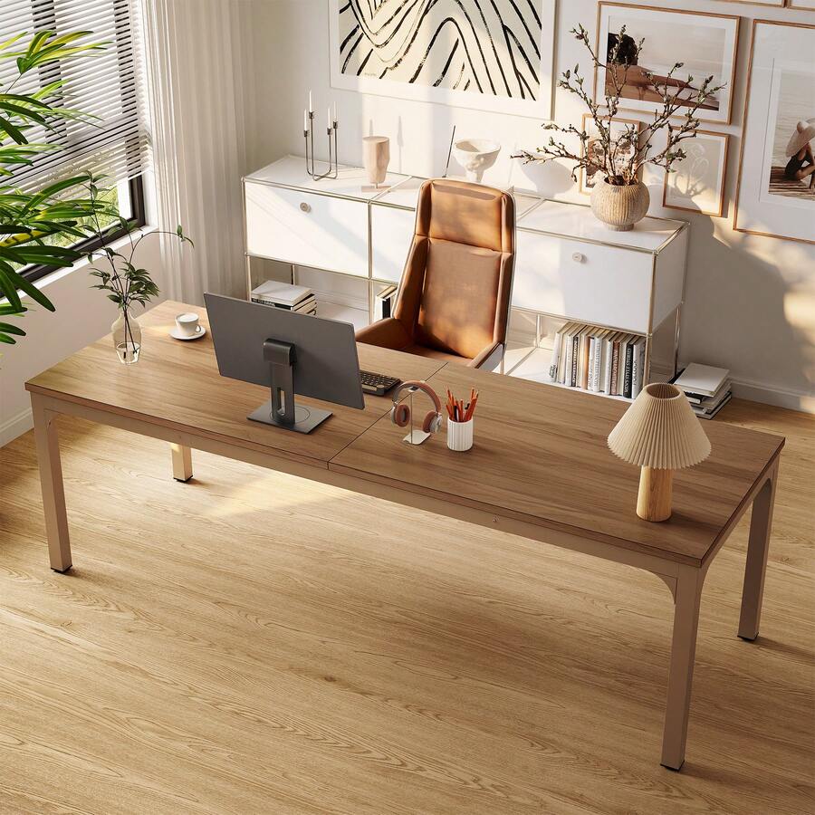 LITTLE TREE 78.7 Inch Extra Long 2 Person Computer Desk - Double Long Workspace For Home Office - Brown - View 1