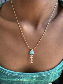 Colorful Drip Oil Stainless Steel Striped Fish Bone Pendant Necklace, Handmade Beaded Multi-Pendant Necklace, Versatile Accessory For Vacation And Gift - Necklace - View 3