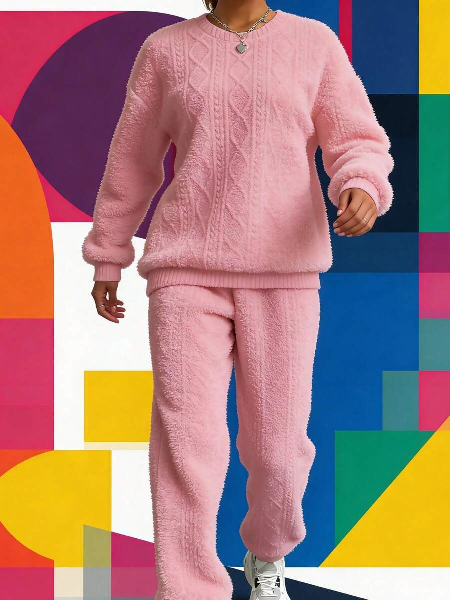 Relaxed Texture Pullover Pants, Long-Sleeved Round-Neck Sportswear And Jogging Pants Combination, Women's Clothing, High-Quality Textured Casual Pullover Set, Releasing A Sense Of Relaxation And Ease - 粉色 - 查看 1