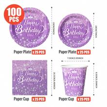 Purple Crystal Crown "Happy Birthday" Disposable Plates, Napkins, Cups - One-Time Party Supplies Set, Fits 25 Guests, Disposable Paper Plates Party Tableware Suitable For Birthday, Wedding, Theme Party, Family Picnic - Multicolor - View 2