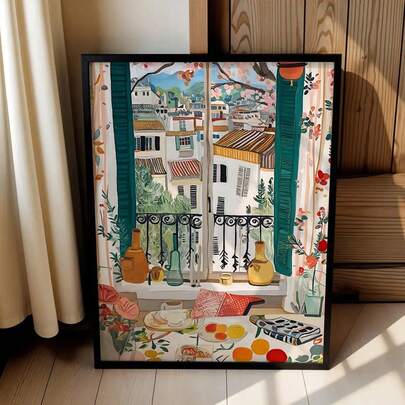 1pc Window View Illustration Wall Art Decor, Balcony Cafe Scenery Poster, Paris Balcony Coffee Print, Valentines Print, Valentines Gift For Her, Vintage Art, Valentines Gift, Bedroom Print, Home Decor Living Room, Wall Decor, No Frame