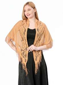 1 件女式花卉蕾丝边围巾披肩带流苏，柔软网状流苏披肩，适合婚纱、婚礼/派对晚礼服 - 純白色 - 查看 18