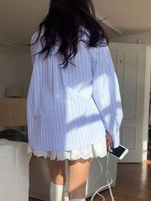 休闲甜美韩式蓝色条纹纽扣衬衫 - 藍色 - 查看 2