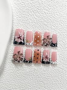 10pcs Y2K Stylish Handmade Nail Stickers, Available In Nude, White, Black, Includes Polka Dot Pattern, Hand-Painted 5-Petal Flowers, Leopard Print Floral Decor And Gold Star Accessories. 3 Styles Available: Almond-Shaped, Square, Duck Mouth Nail Stickers. Includes Tool Kit (1pc Jelly Sticker + 1pc Nail File). Suitable For Women And Girls, Can Be Used For Daily Photos, Parties, Autumn/Winter Season. Nails - Nhiều màu - Xem 16