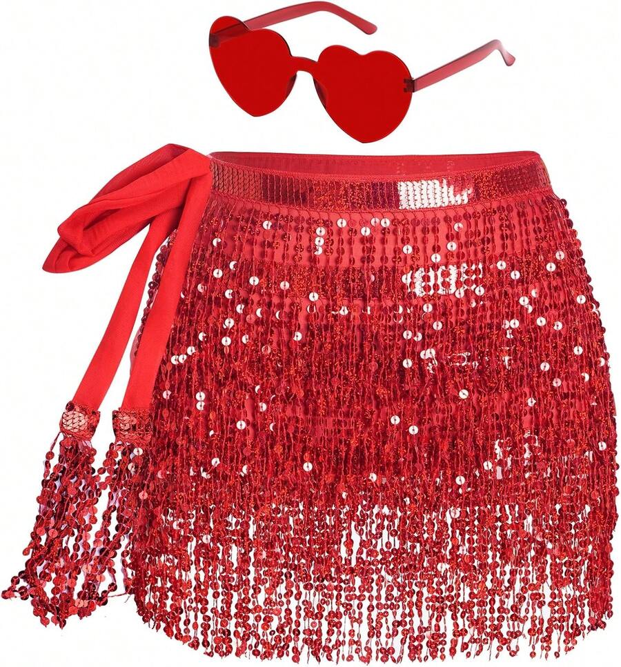 Sequin Belly Dance Scarf Tassel Wrap Sparkly Fringe Skirt With Pair Heart Party Rave Costume Women - 紅色 - 查看 1